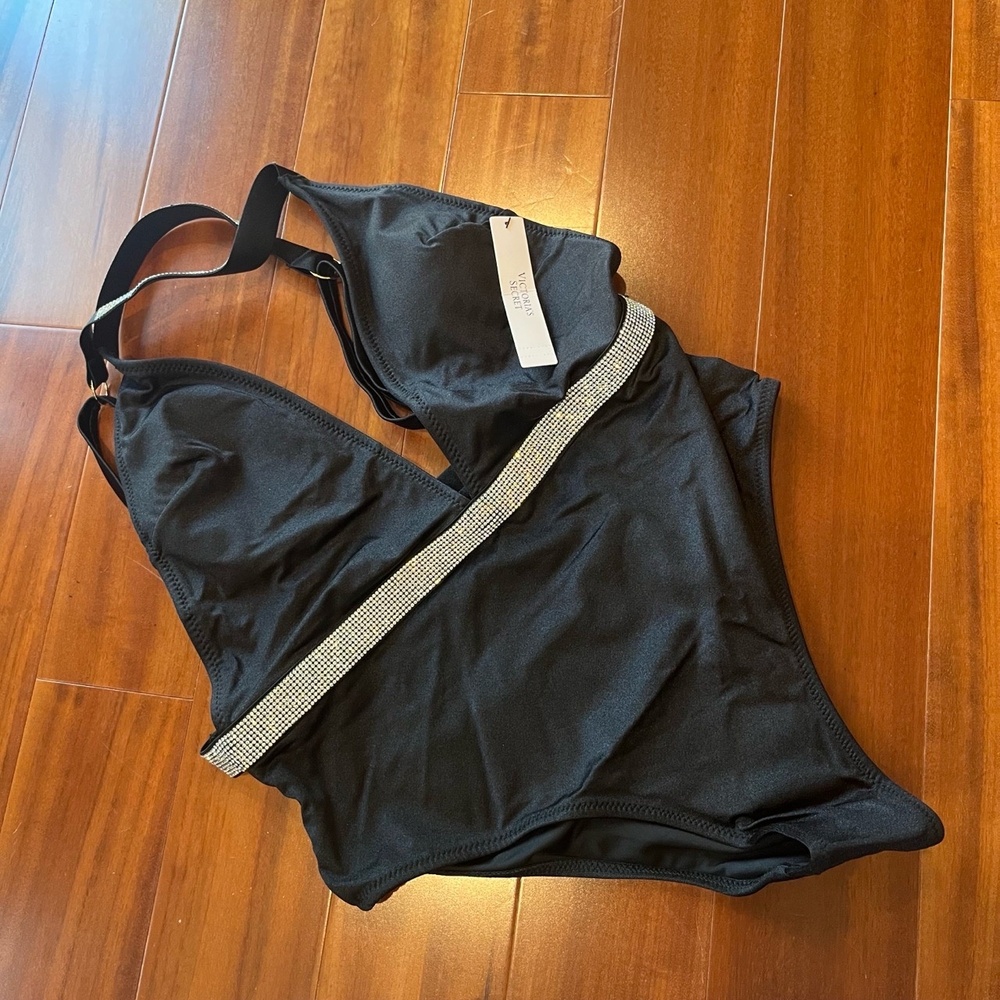 New NWT Victoria's Secret Black Swimsuit Rhinestone Shine One-piece Plunge Sz XS
